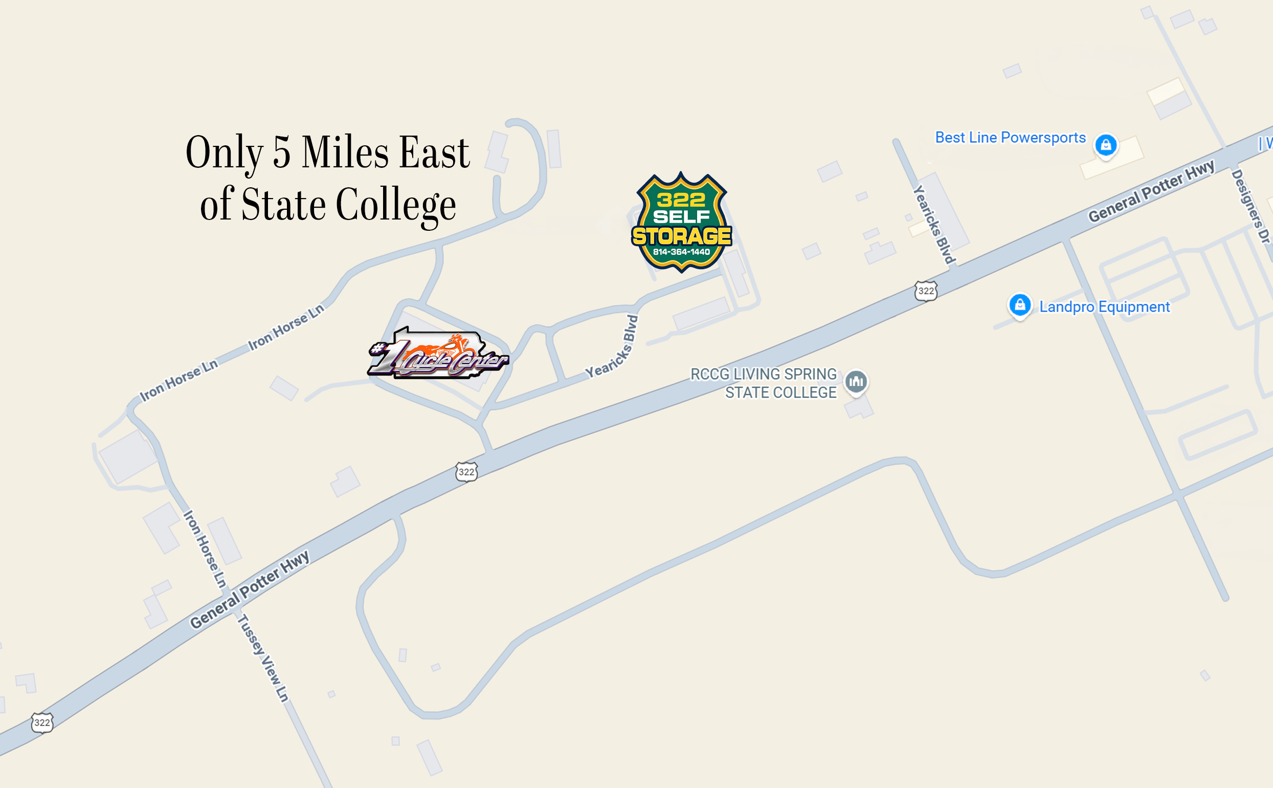 Map to 322 Self Storage, 138 Yearicks Blvd, Centre Hall, PA